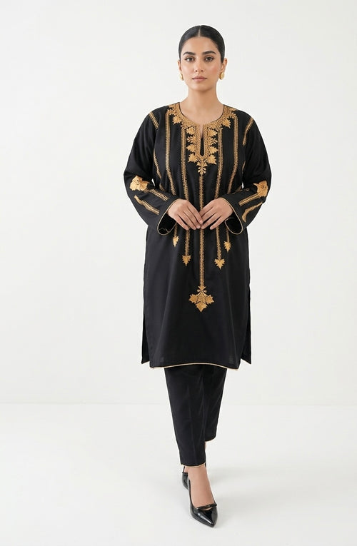 Black Tilla Embroidered kashmiri Cotton Pheran/Kurta Set