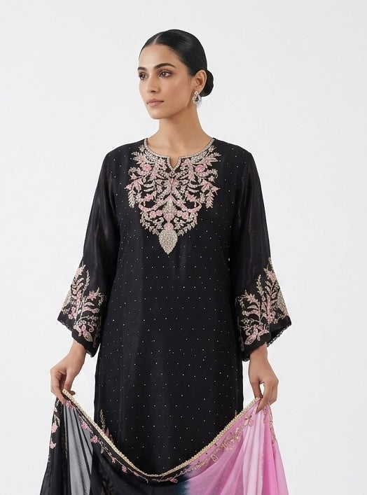 Midnight Black Embroidered Gharara Set with dupatta