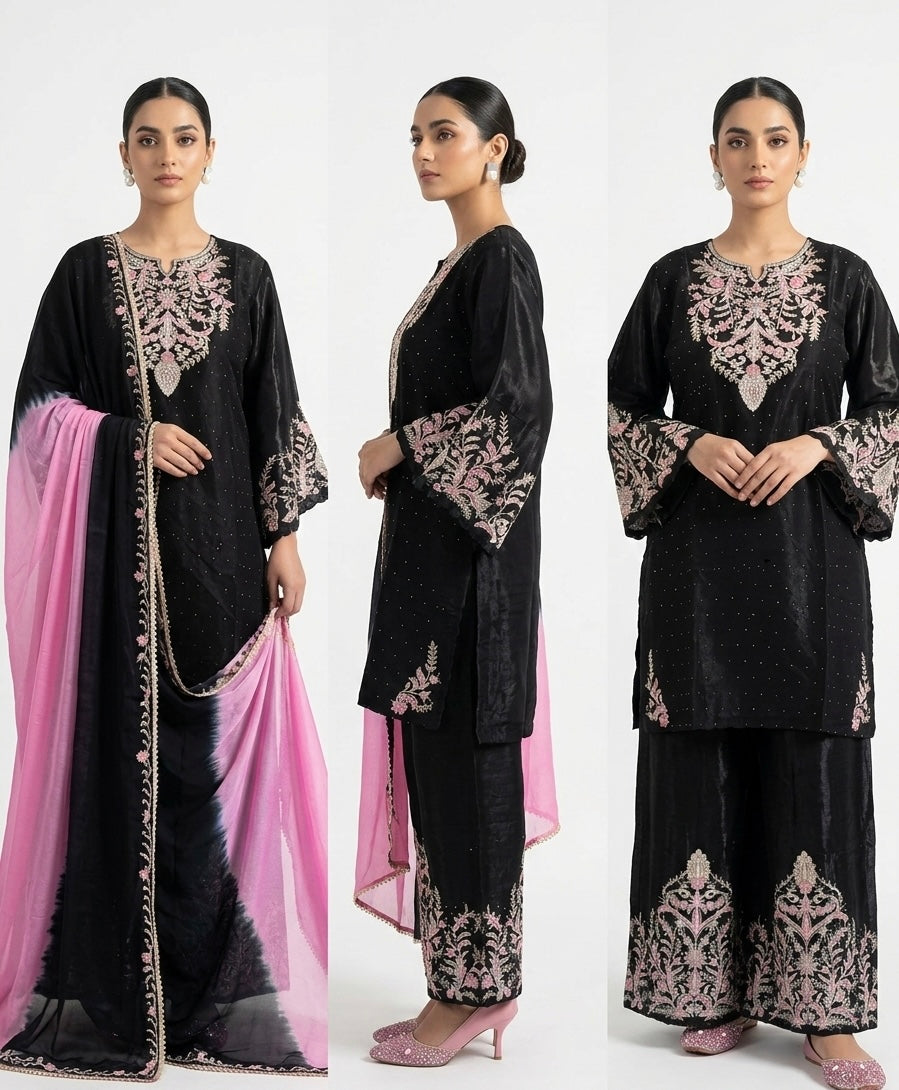 Midnight Black Embroidered Gharara Set with dupatta