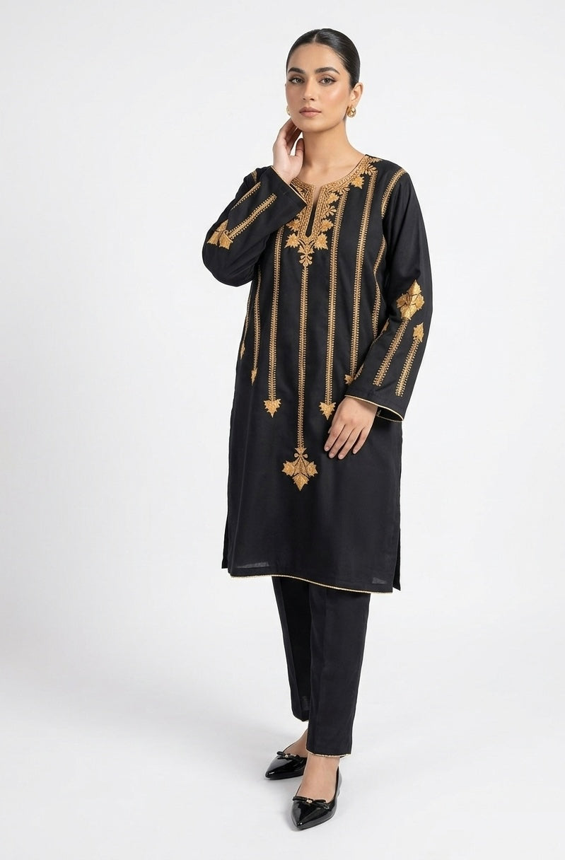 Black Tilla Embroidered kashmiri Cotton Pheran/Kurta Set