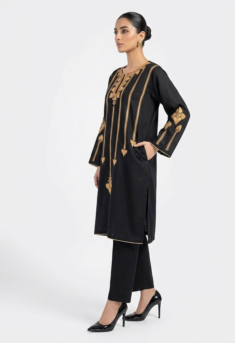 Black Tilla Embroidered kashmiri Cotton Pheran/Kurta Set