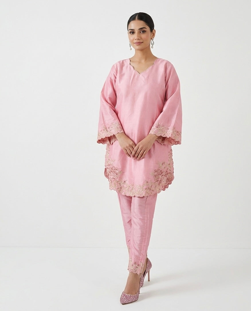 Blush Rose Embroidered Silk Co-ord Set