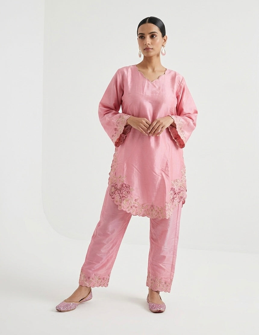 Blush Rose Embroidered Silk Co-ord Set