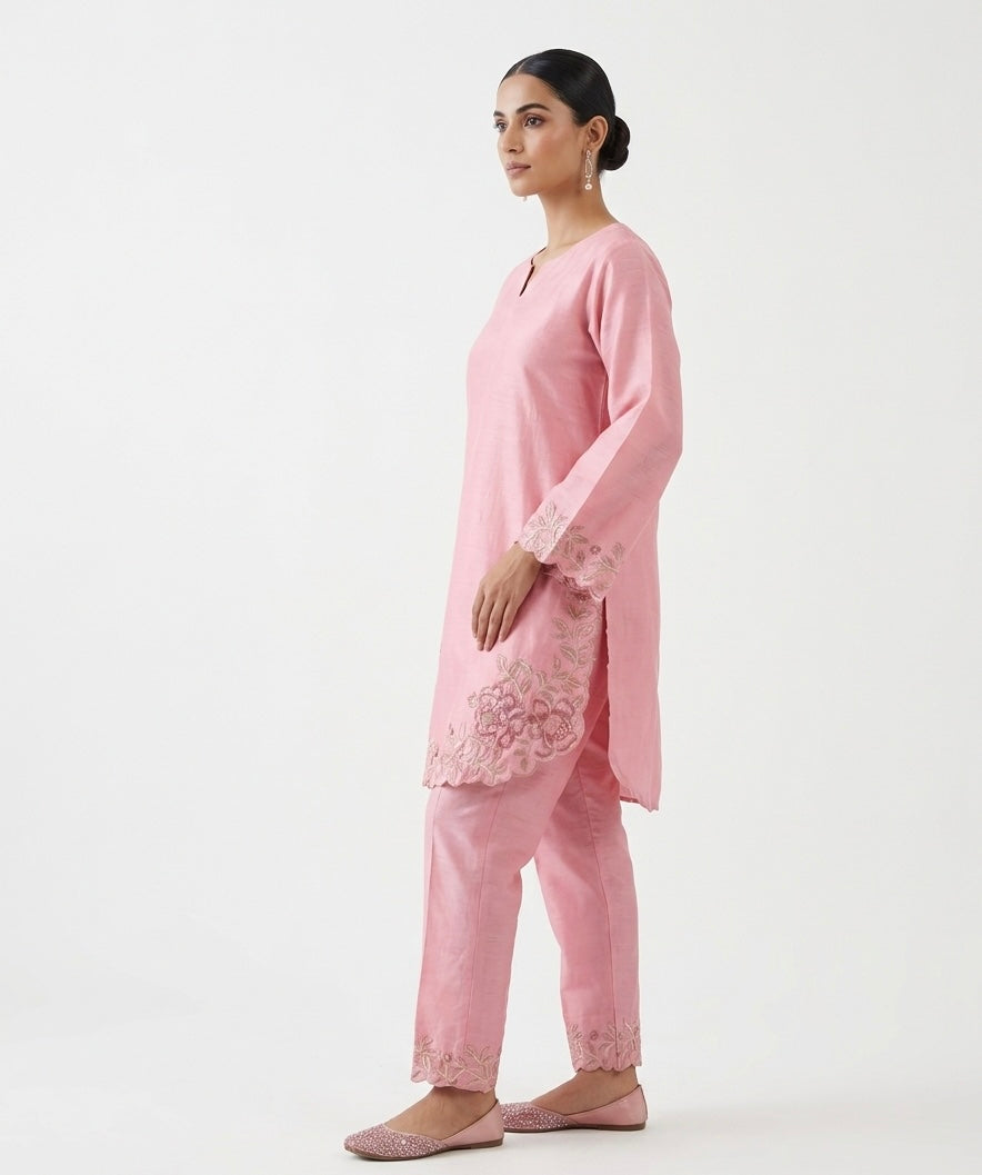 Blush Rose Embroidered Silk Co-ord Set