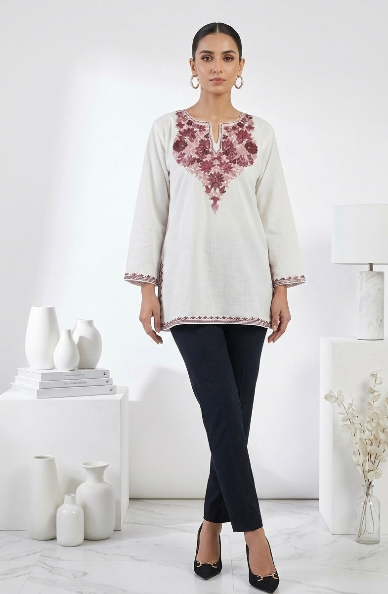 Kashmiri Ari Embroidered white short Cotton kurti