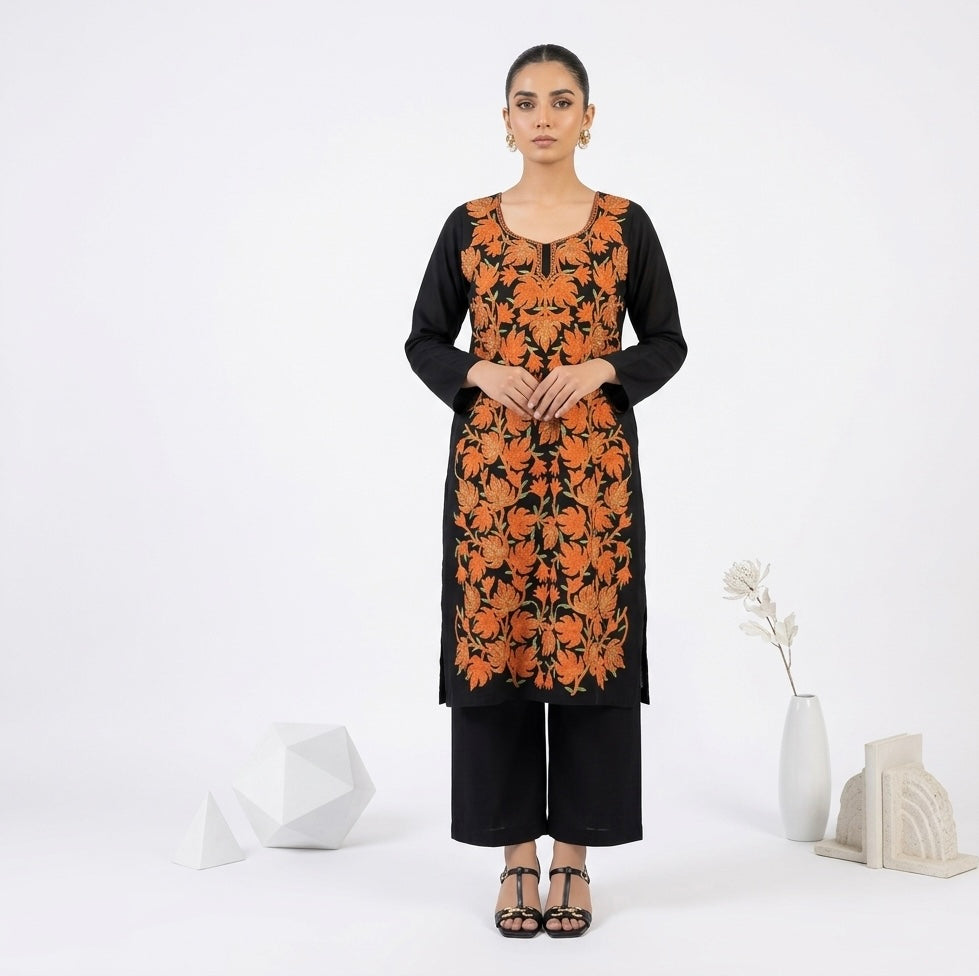 Black Ari Embroidered Kashmiri Cotton Kurta Set