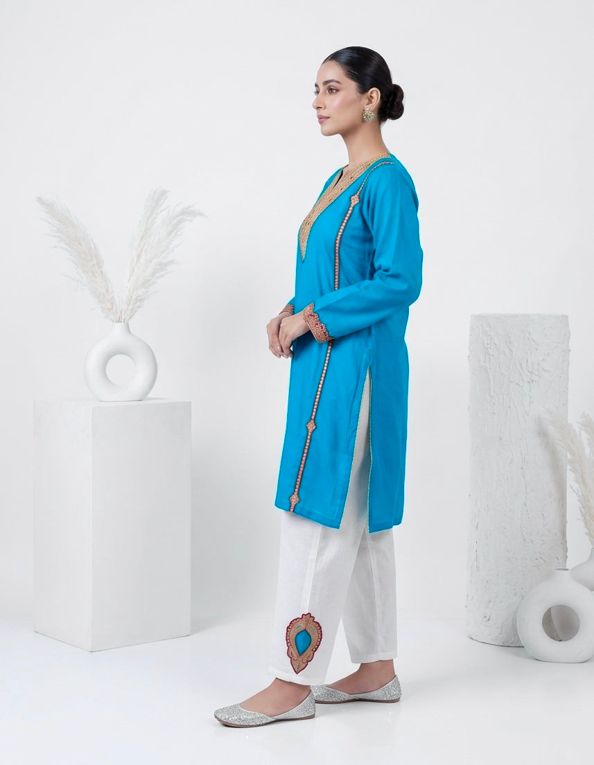 Blue Kashmiri Embroidered Silk Kurti Set with White Pants