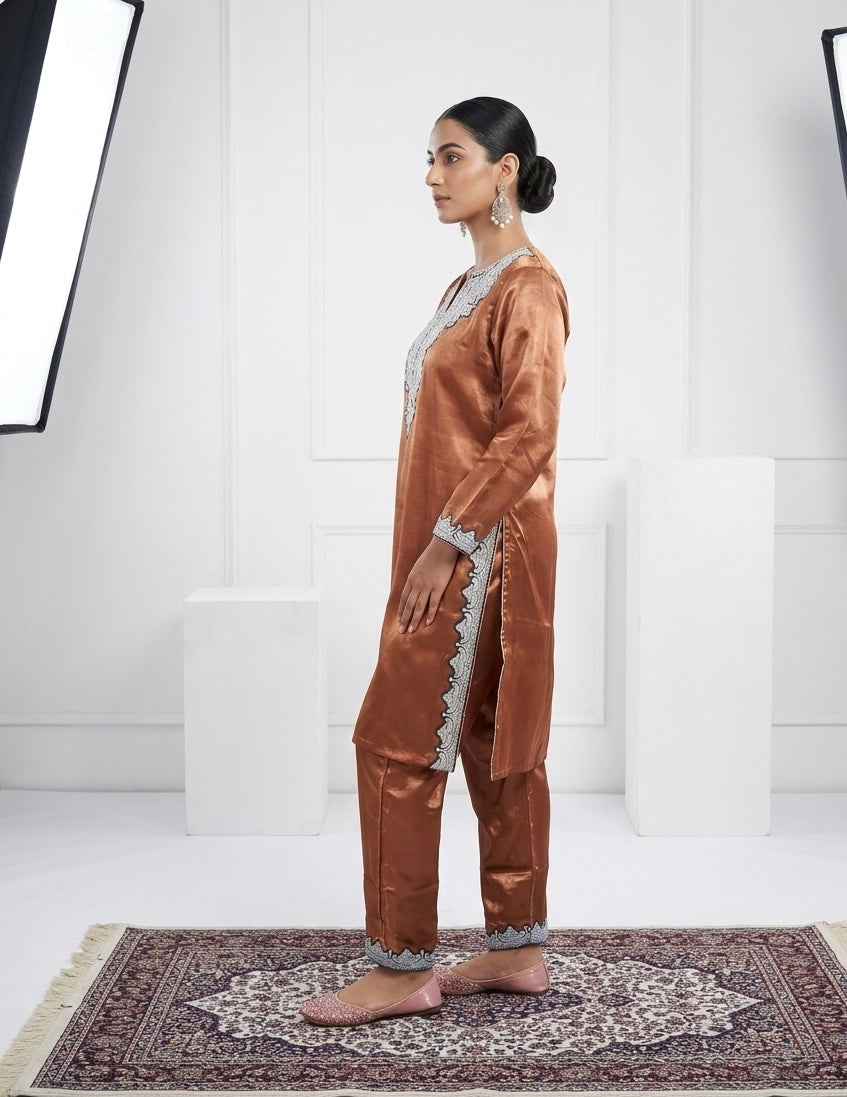 Copper Metallic Embroidered Kashmiri kurta set