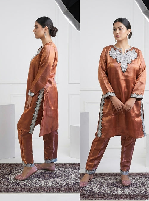 Copper Metallic Embroidered Kashmiri kurta set
