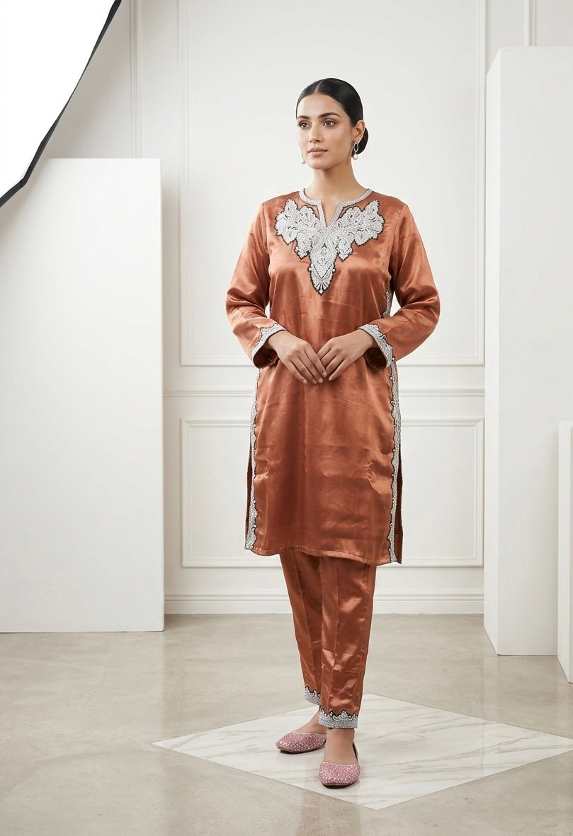 Copper Metallic Embroidered Kashmiri kurta set