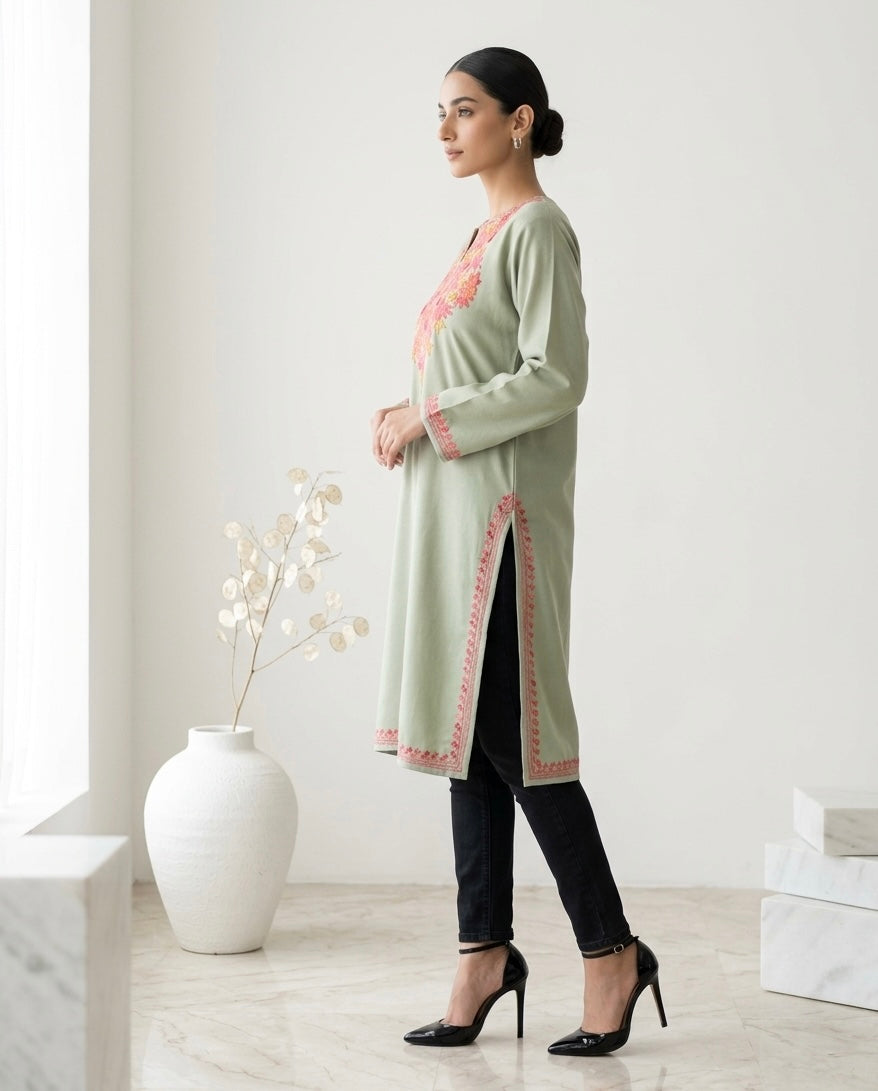 Kashmiri Ari Embroidered Sea Green Long Cotton Kurti