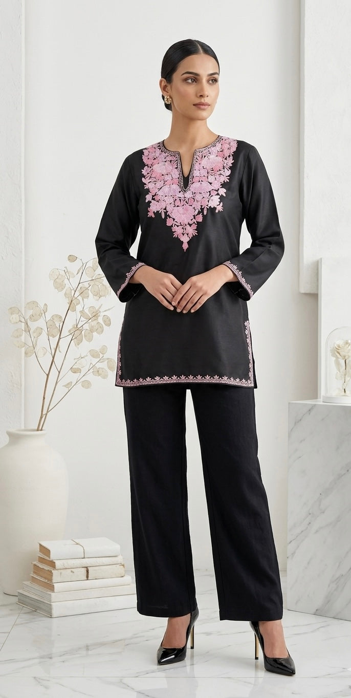 kashmiri Ari Embroidered Black Short Cotton Kurti