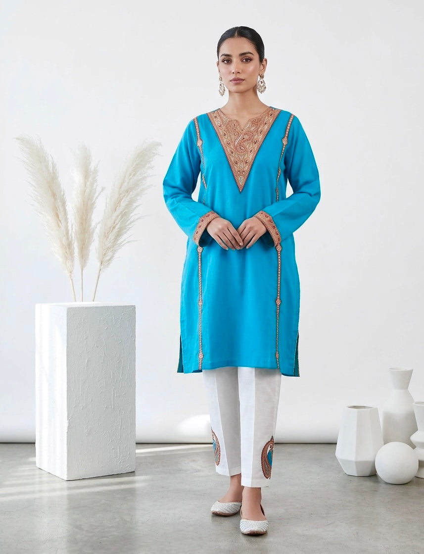 Blue Kashmiri Embroidered Silk Kurti Set with White Pants