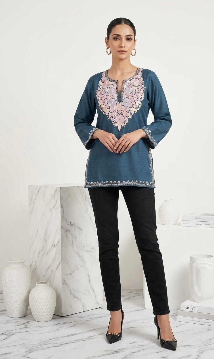 Kashmiri Ari Embroidered blue short Cotton kurti