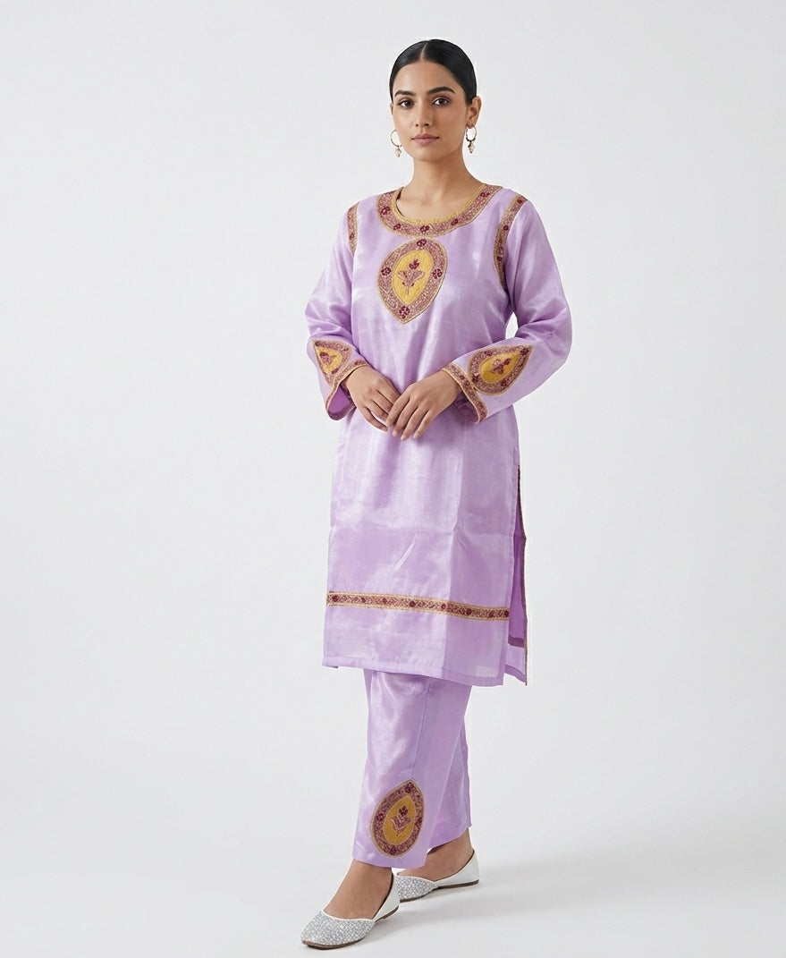 Elegant Lavender Silk Tilla Work kashmiri Salwar Kameez