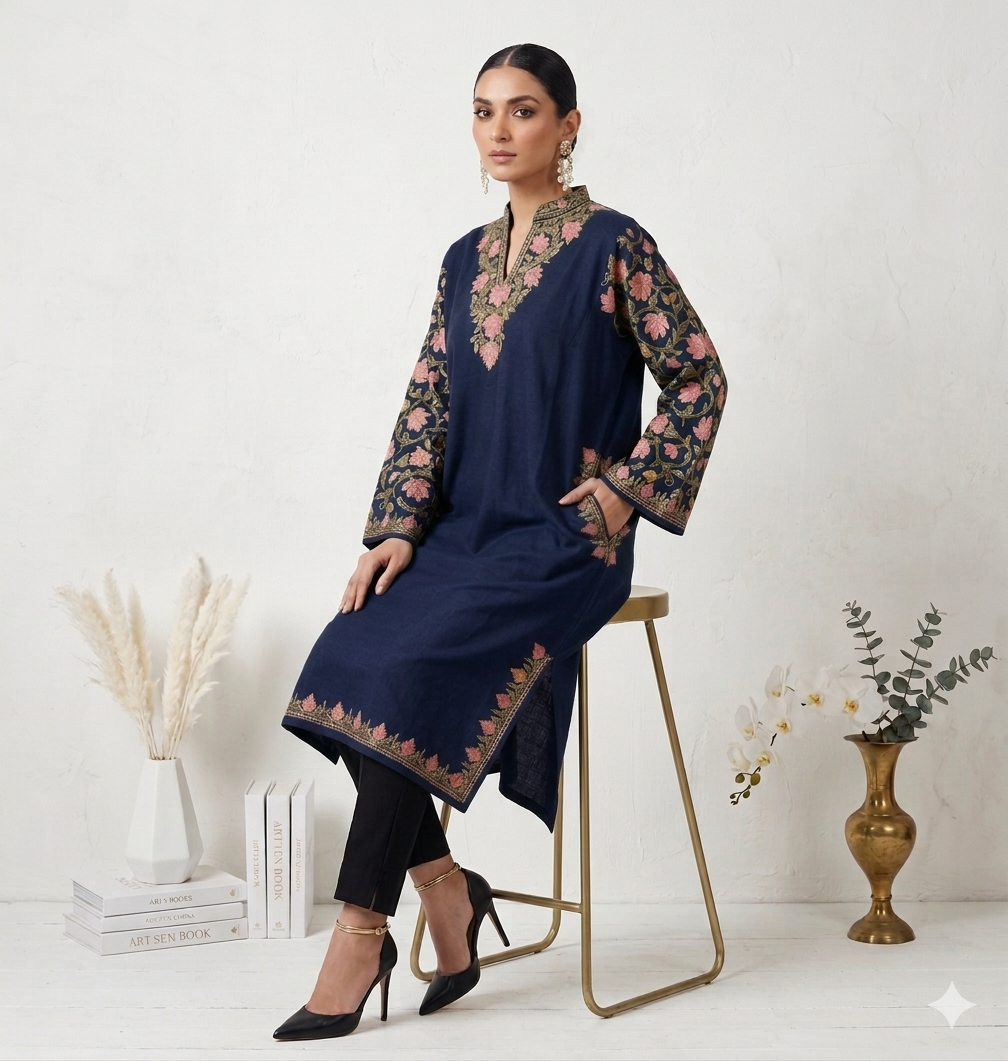 Kashmiri Ari Embroidered Navy Blue Wollen Pheran