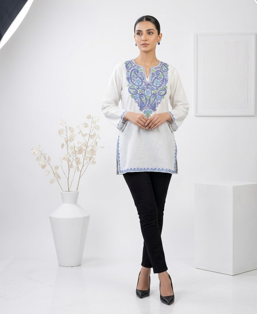 Kashmiri Ari Embroidered White Short Cotton Kurti