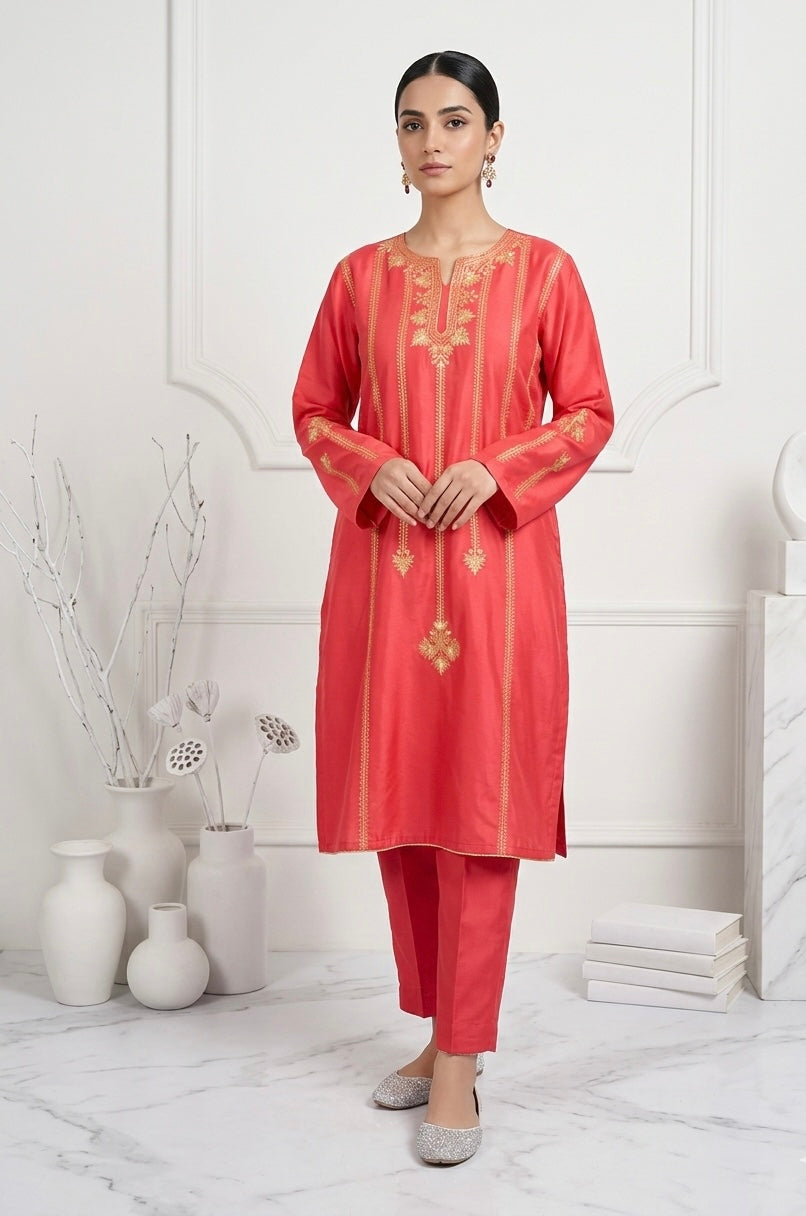 Coral Rose Tilla Embroidered Kashmiri Cotton Pheran/Kurta Set