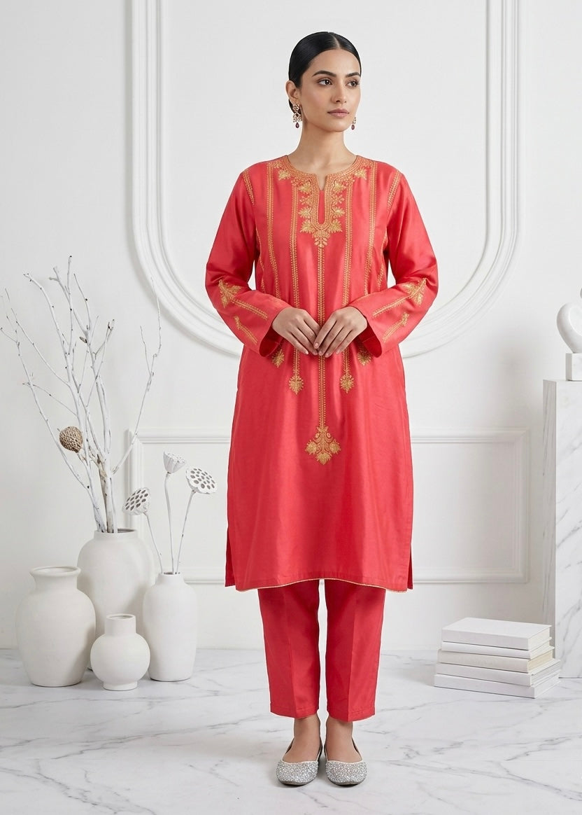 Coral Rose Tilla Embroidered Kashmiri Cotton Pheran/Kurta Set