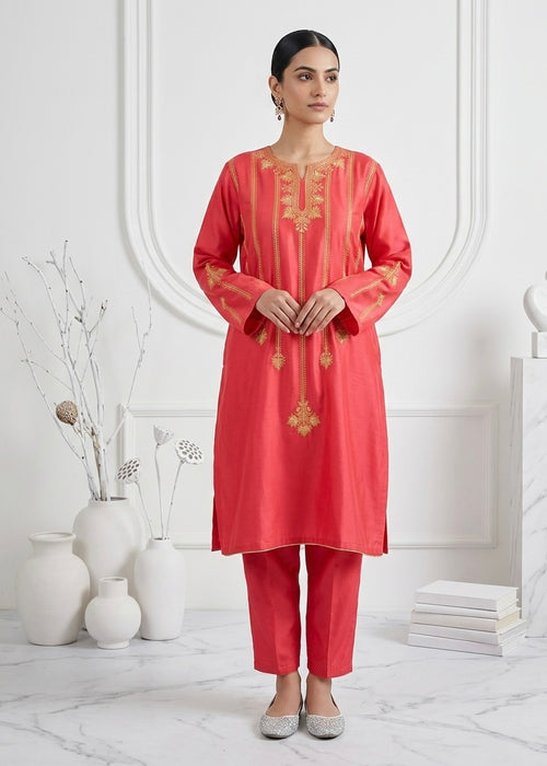 Coral Rose Tilla Embroidered Kashmiri Cotton Pheran/Kurta Set