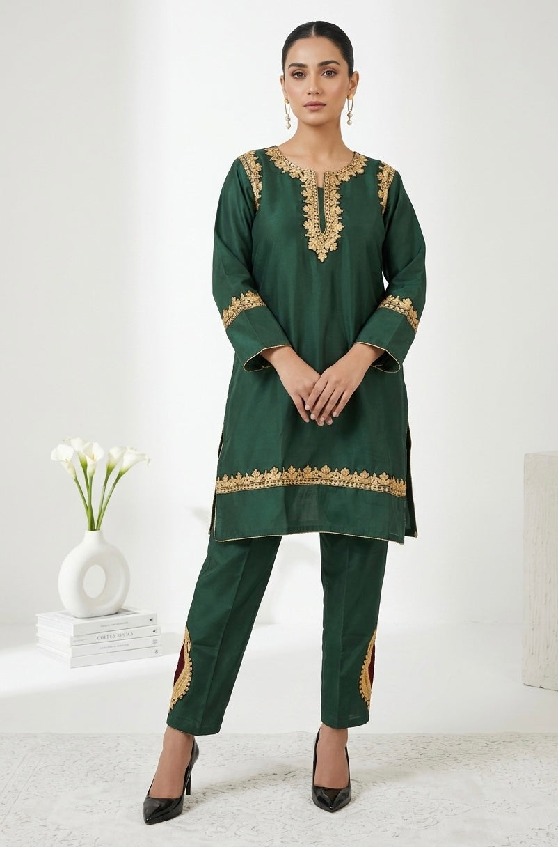 Forest Green Tilla Work Kashmiri Cotton kurta Set