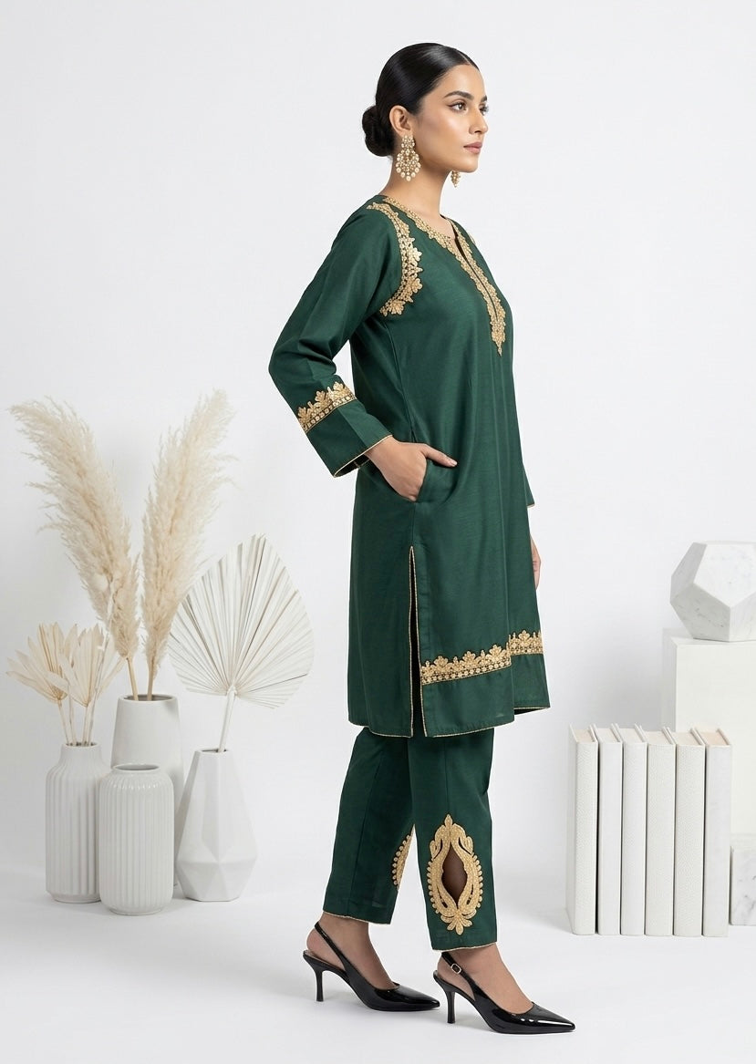Forest Green Tilla Work Kashmiri Cotton kurta Set
