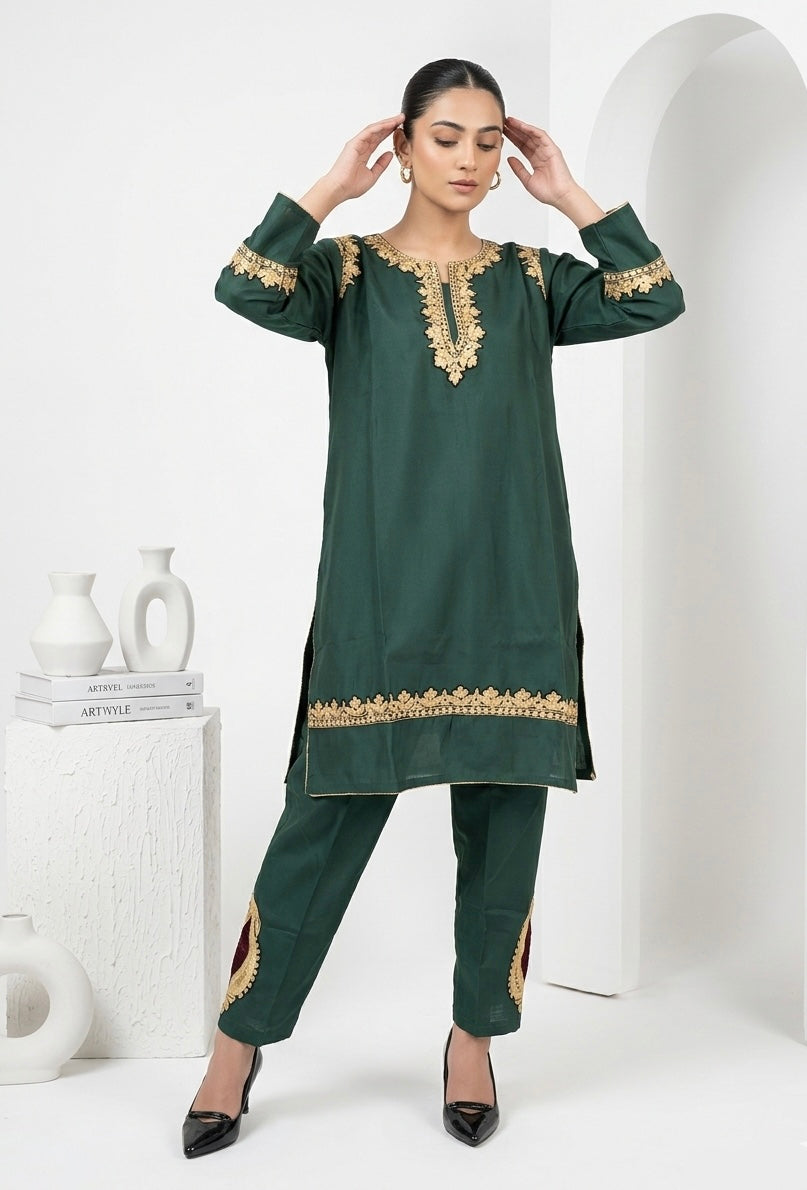 Forest Green Tilla Work Kashmiri Cotton kurta Set