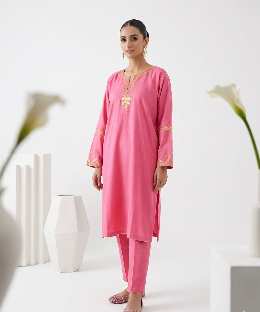 Fuchsia Pink Tilla Embroidered Kashmiri Cotton Pheran/Kurta Set