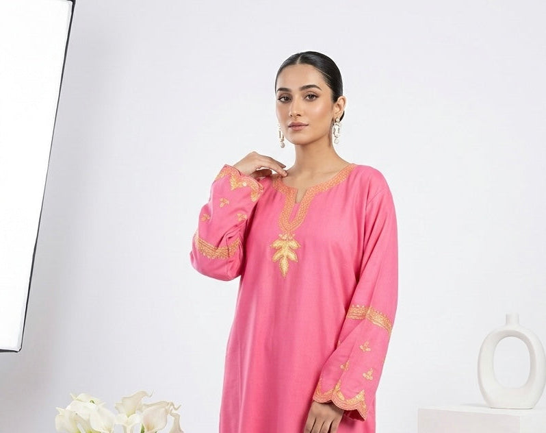 Fuchsia Pink Tilla Embroidered Kashmiri Cotton Pheran/Kurta Set