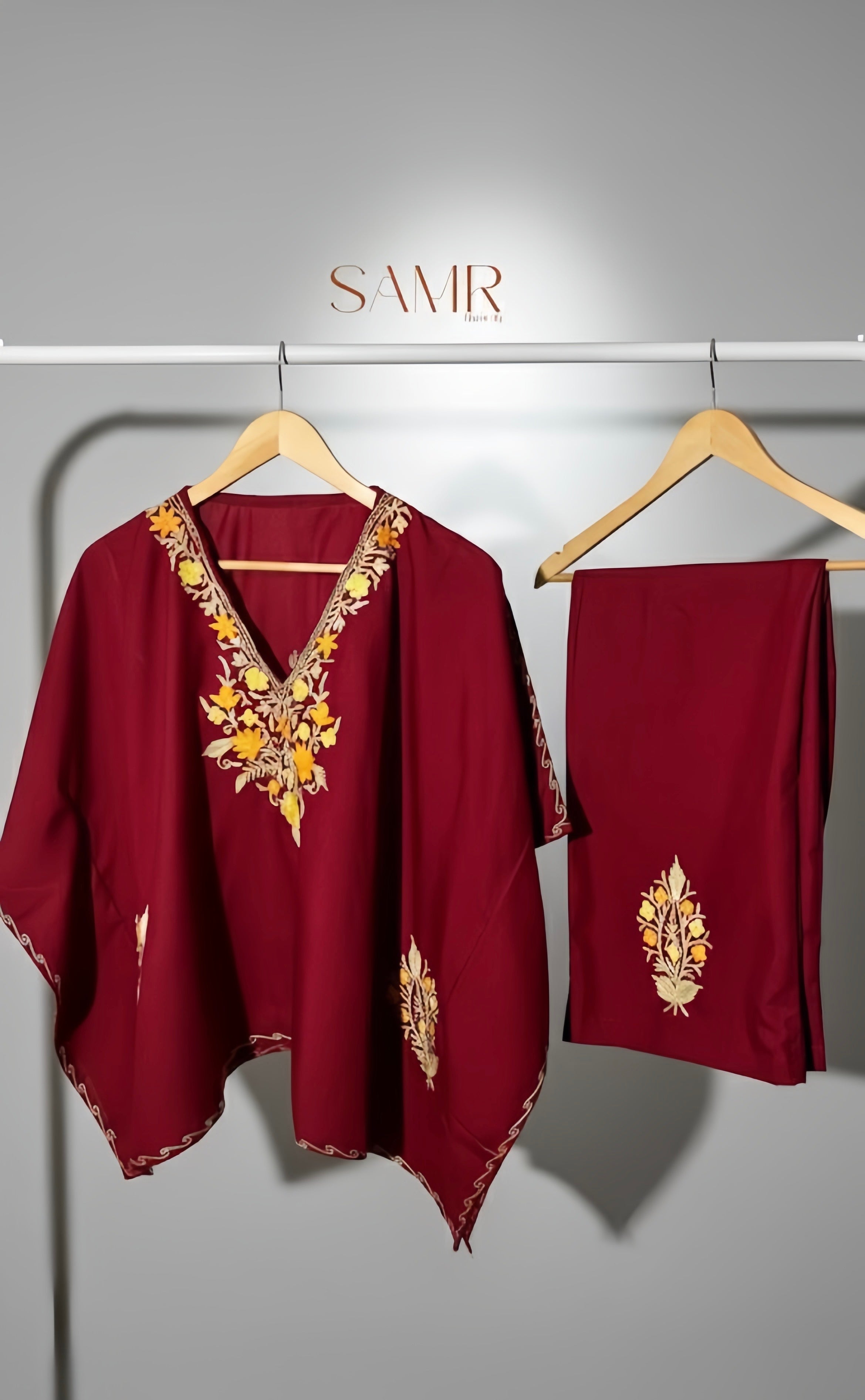Kashmiri Aari Embroidered maroon cotton Kaftan set