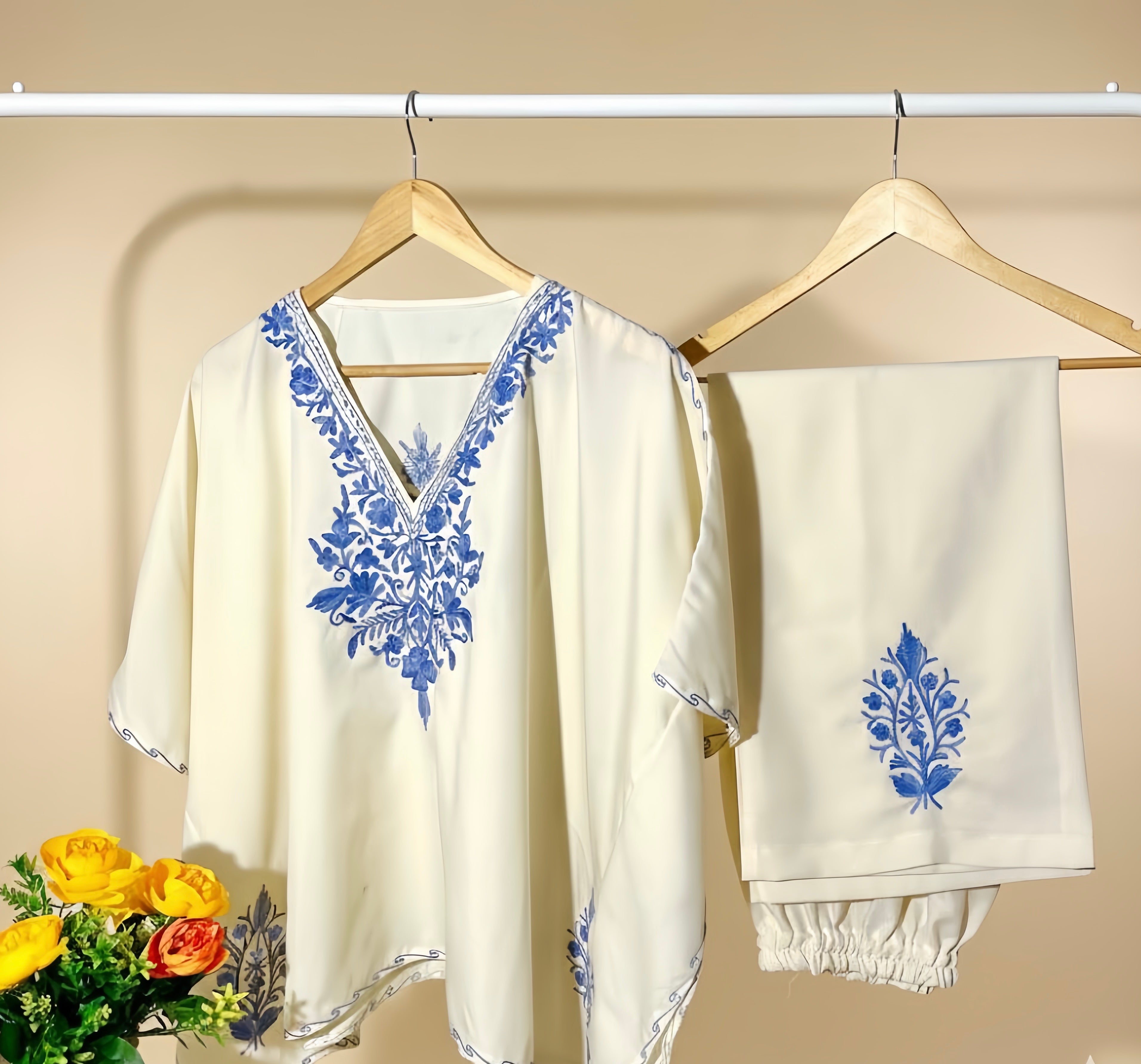 Kashmiri Aari Embroidered white cotton Kaftan Set