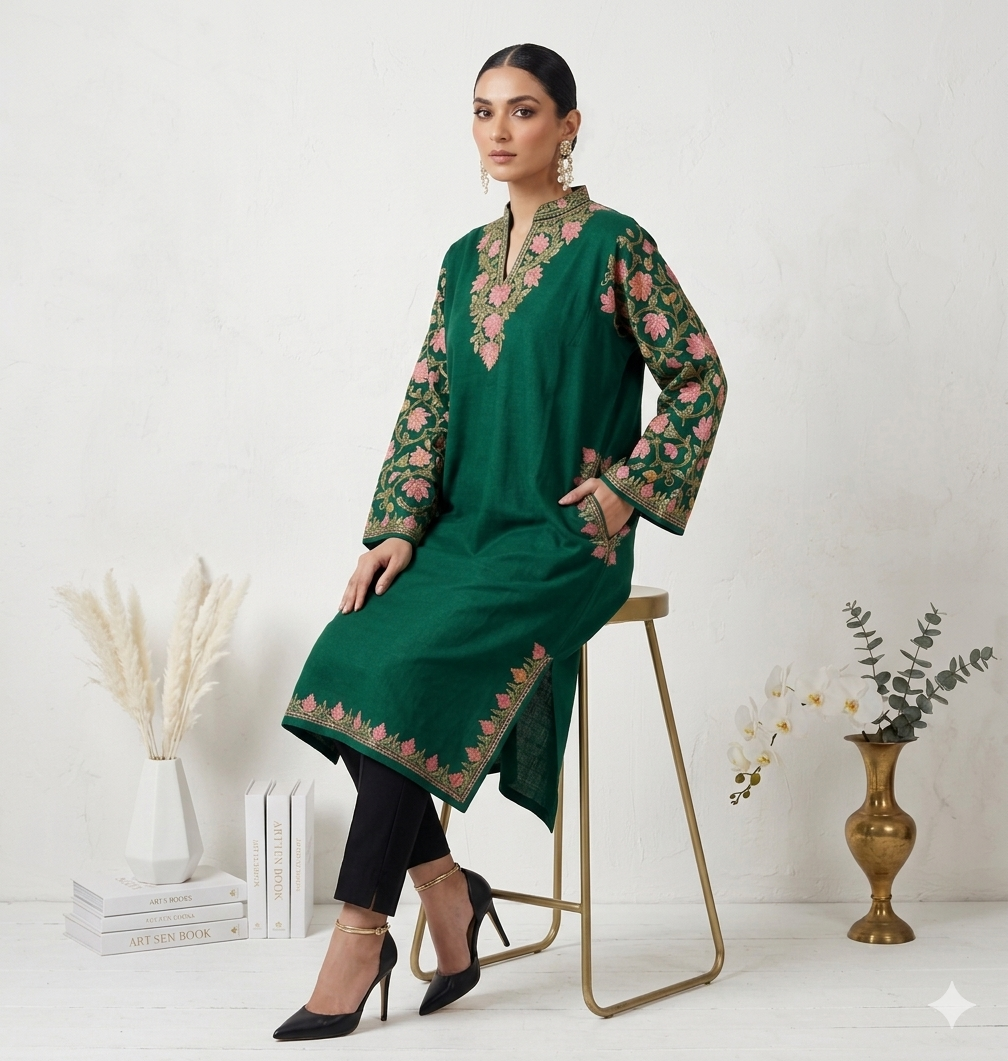 Kashmiri Ari Embroidered Green Wollen Pheran