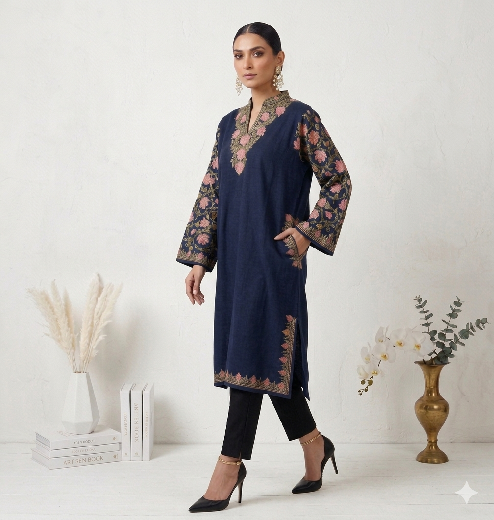 Kashmiri Ari Embroidered Navy Blue Wollen Pheran