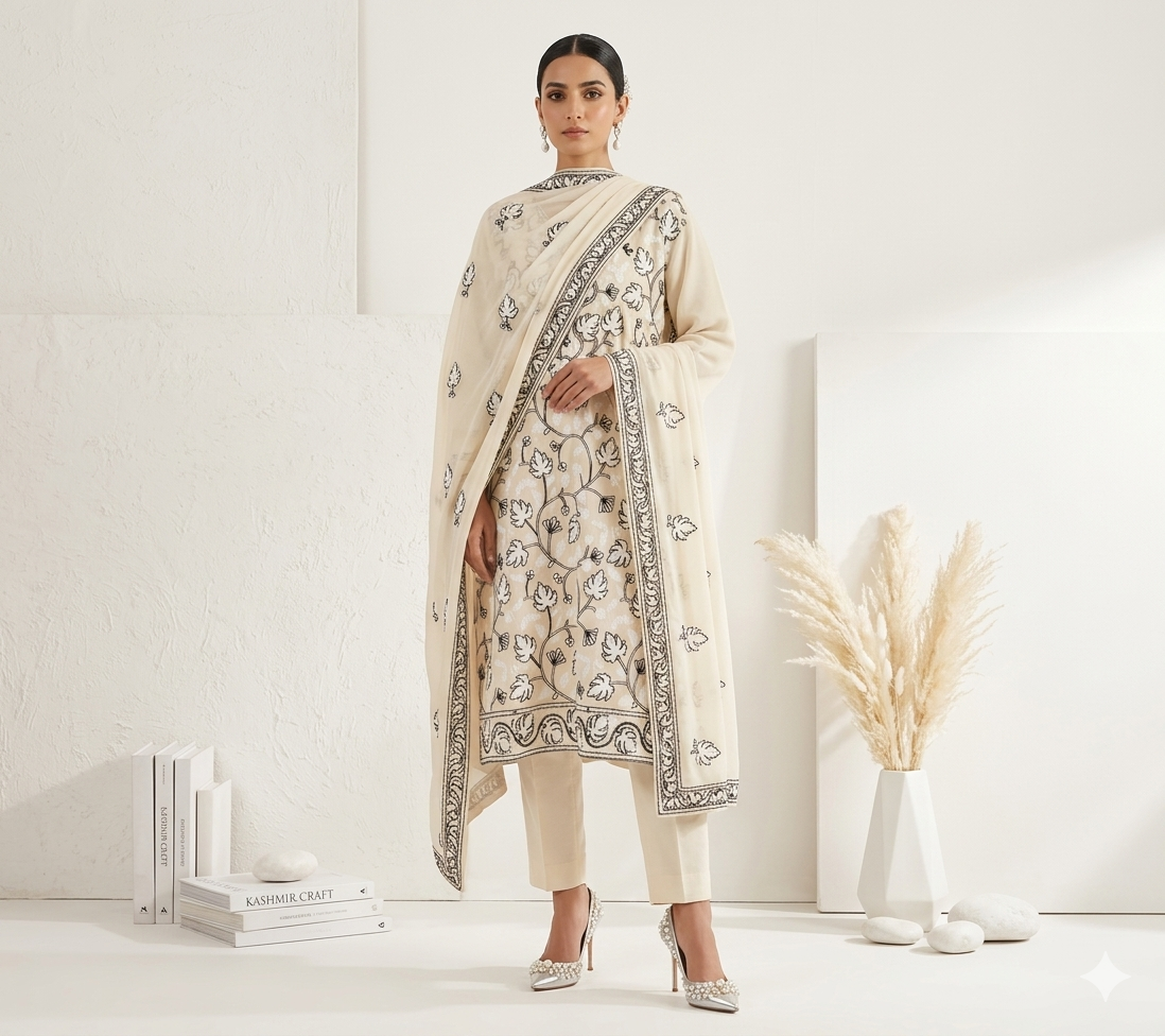 Off White Ari Embroidered Kashmiri Cotton suit with dupatta