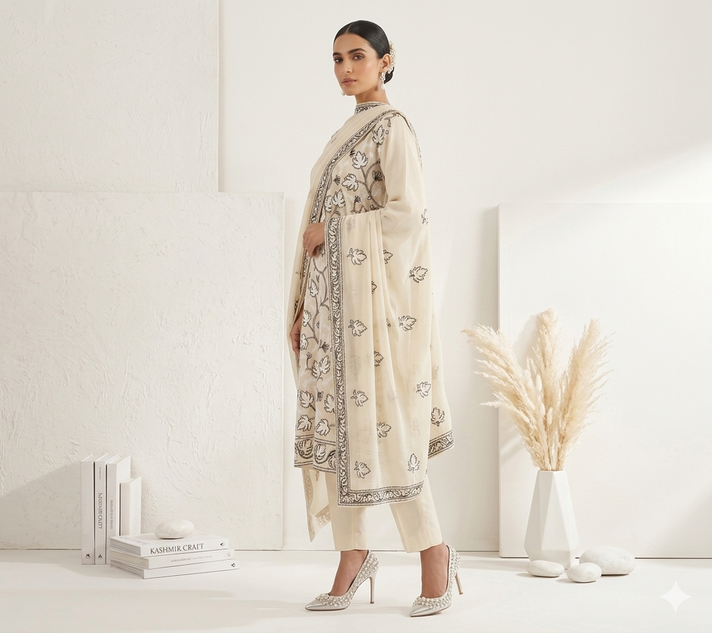 Off White Ari Embroidered Kashmiri Cotton suit with dupatta