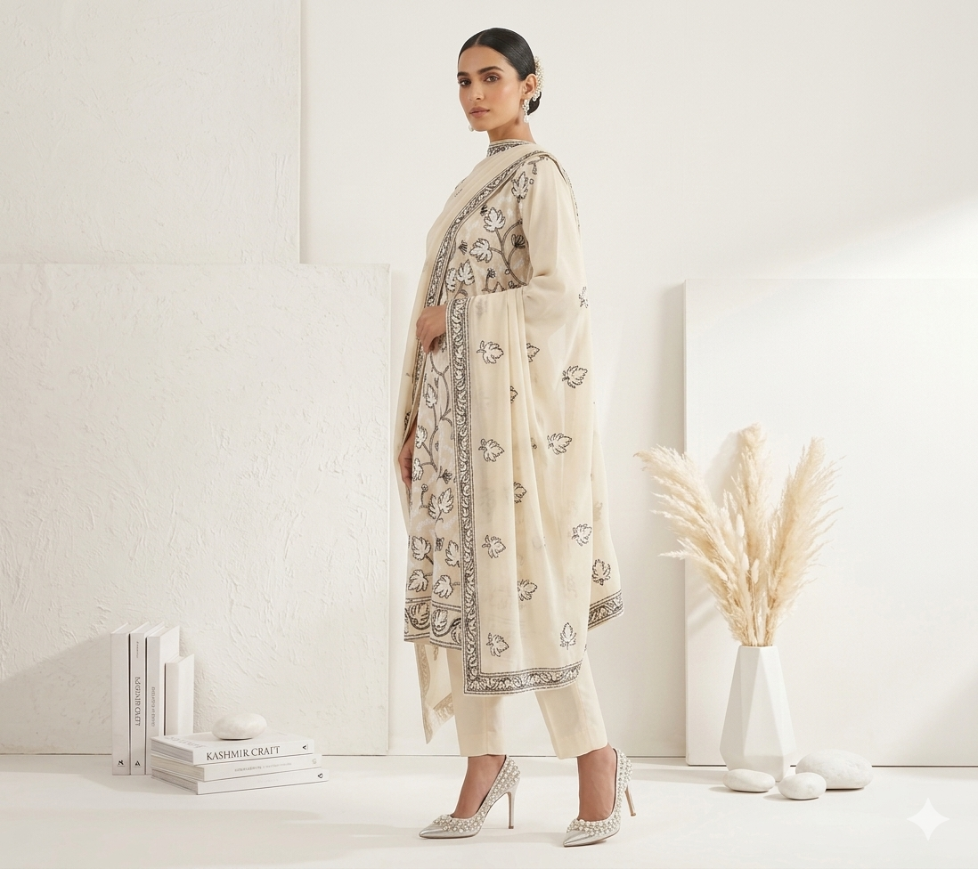 Off White Ari Embroidered Kashmiri Cotton suit with dupatta
