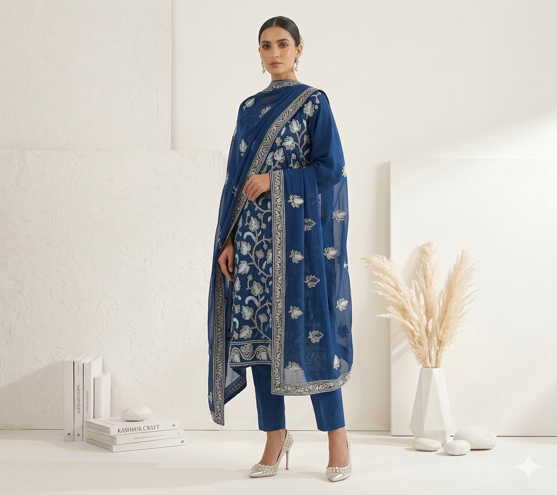 Navy Blue Ari Embroidered Kashmiri Cotton suit with dupatta
