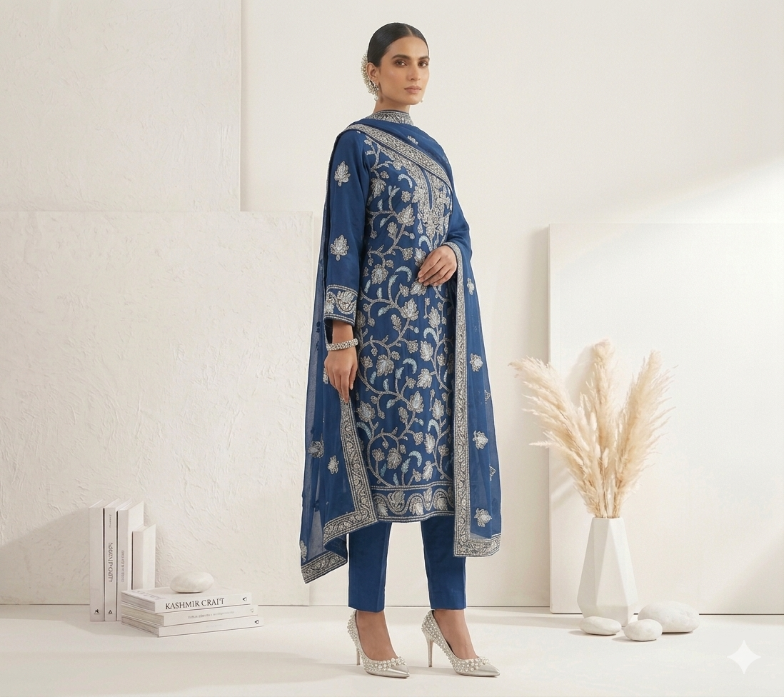 Navy Blue Ari Embroidered Kashmiri Cotton suit with dupatta
