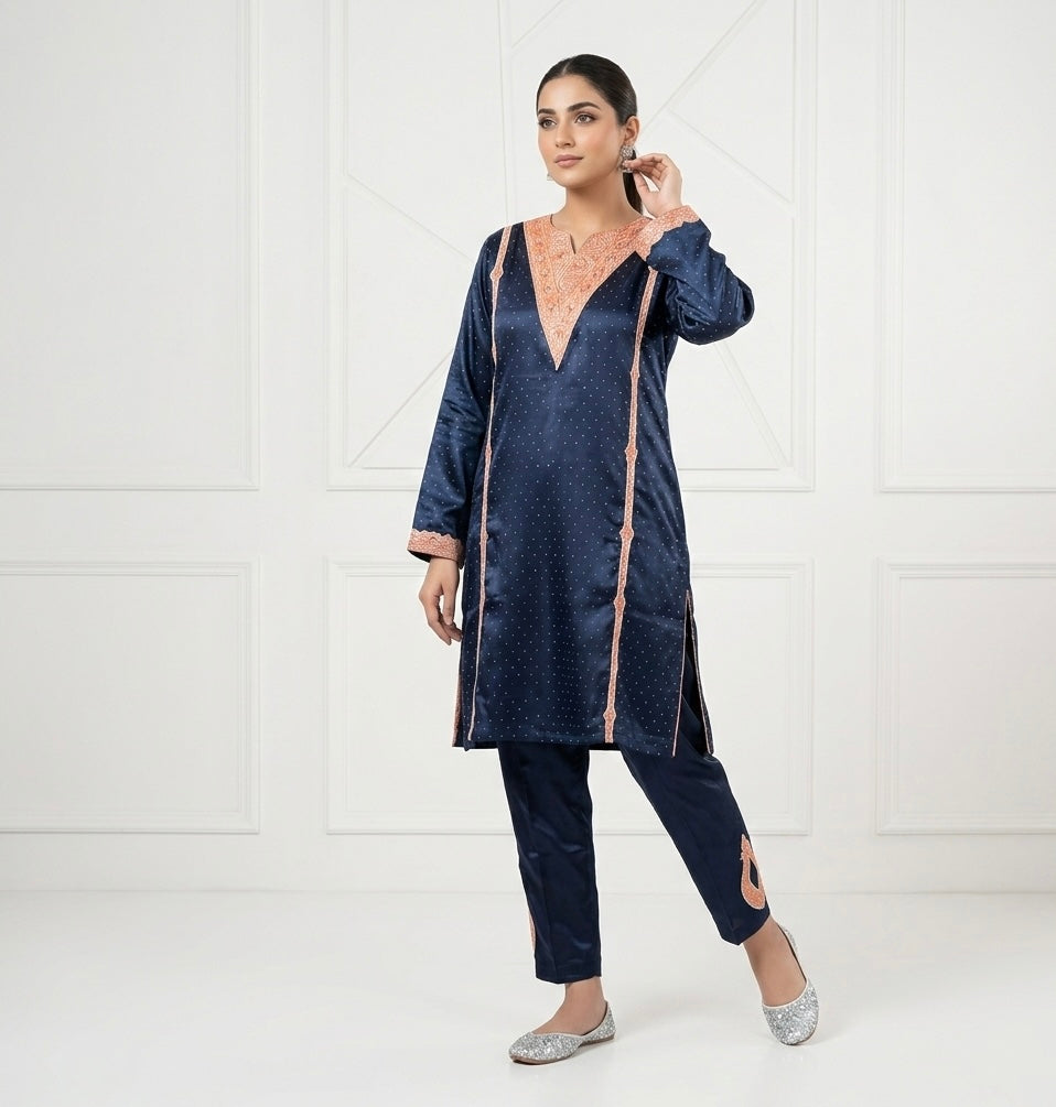 Midnight Blue Aari Embroidered Kashmiri Kurta Set