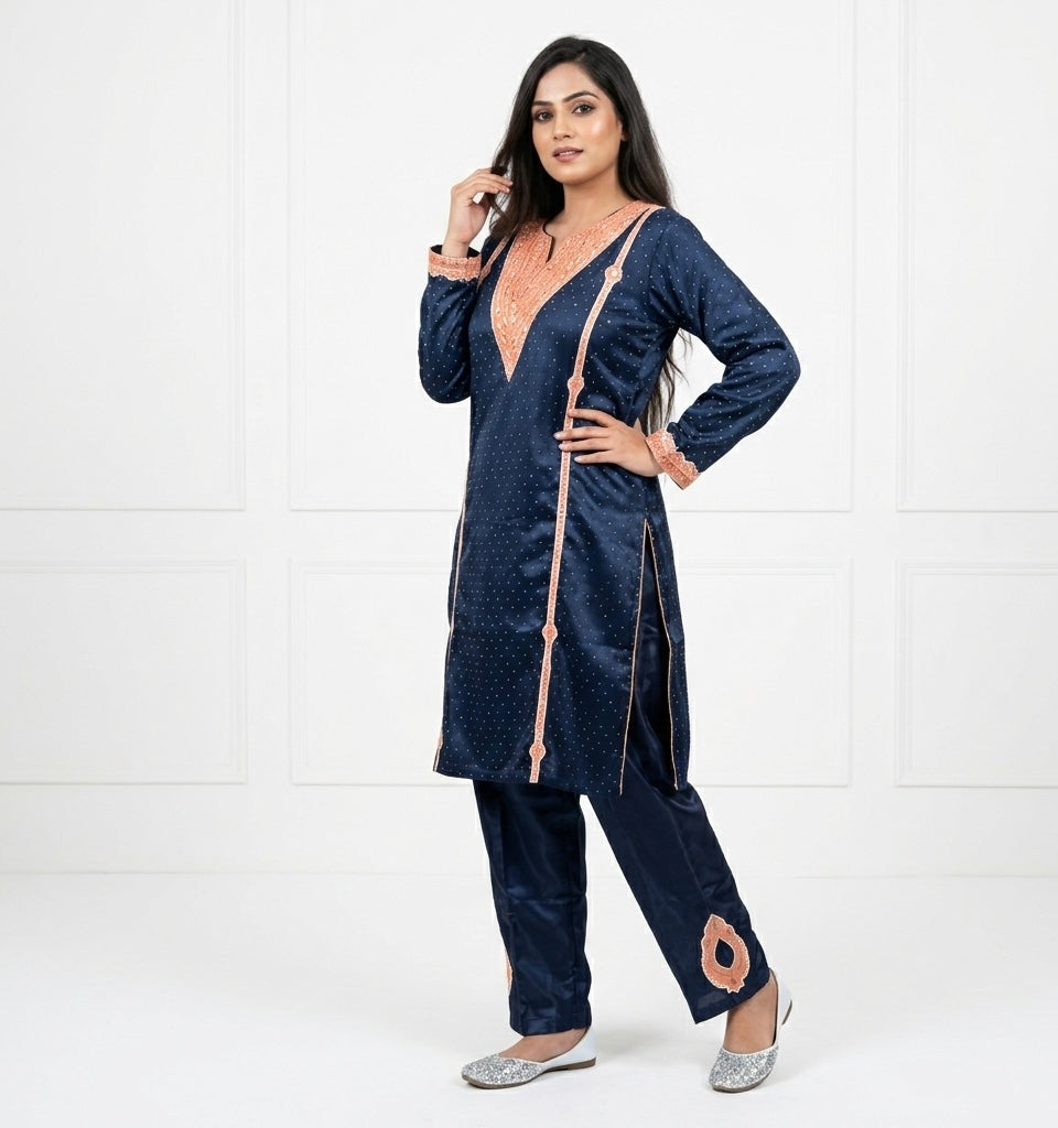 Midnight Blue Aari Embroidered Kashmiri Kurta Set