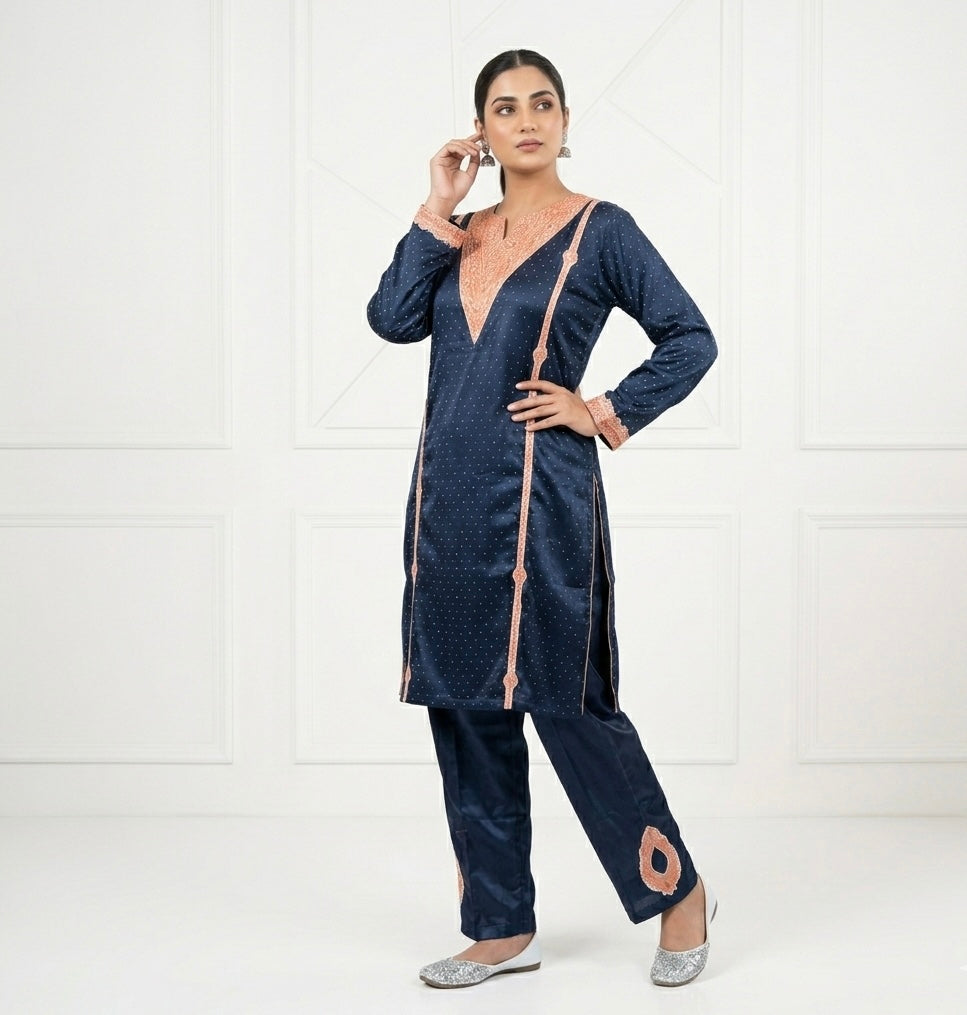 Midnight Blue Aari Embroidered Kashmiri Kurta Set
