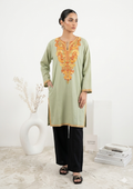 Kashmiri Ari embroidered pistachio green long Cotton kurti