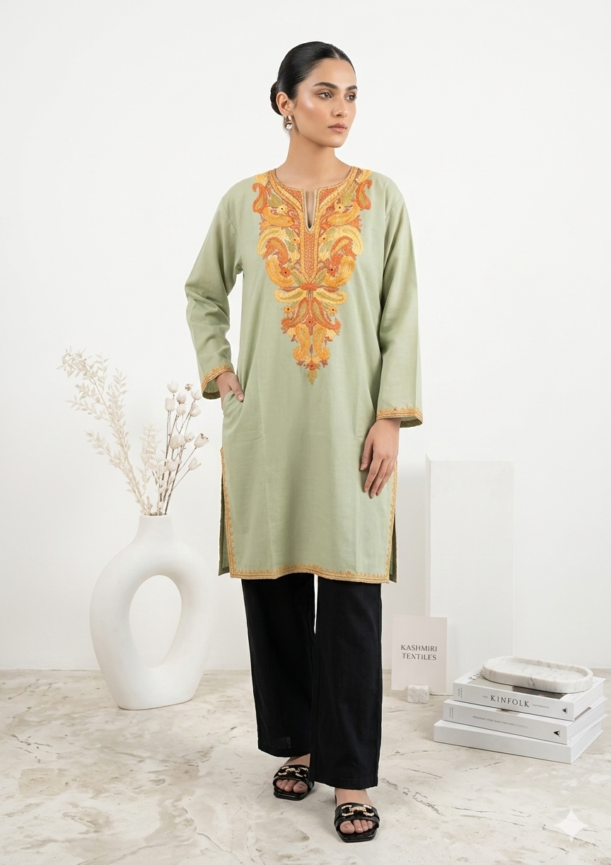 Kashmiri Ari embroidered pistachio green long Cotton kurti