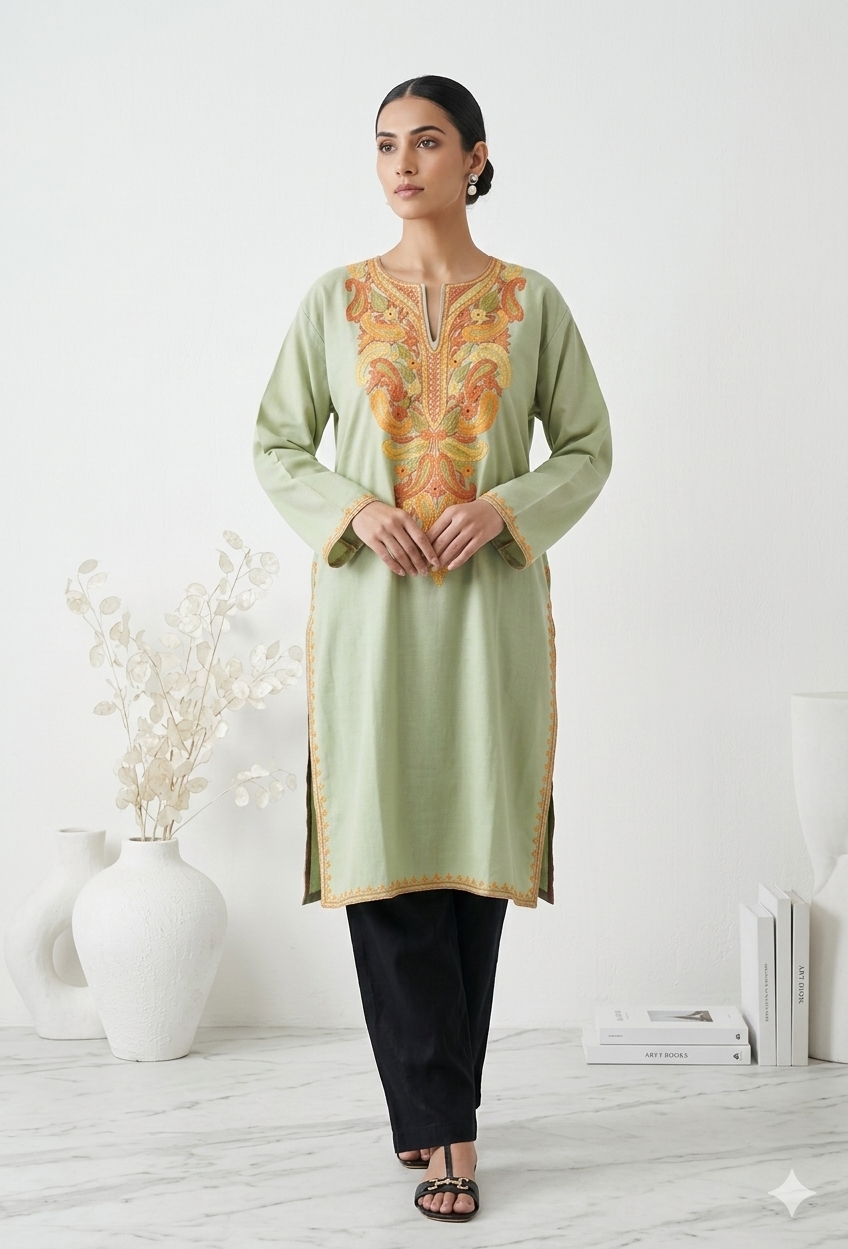 Kashmiri Ari embroidered pistachio green long Cotton kurti