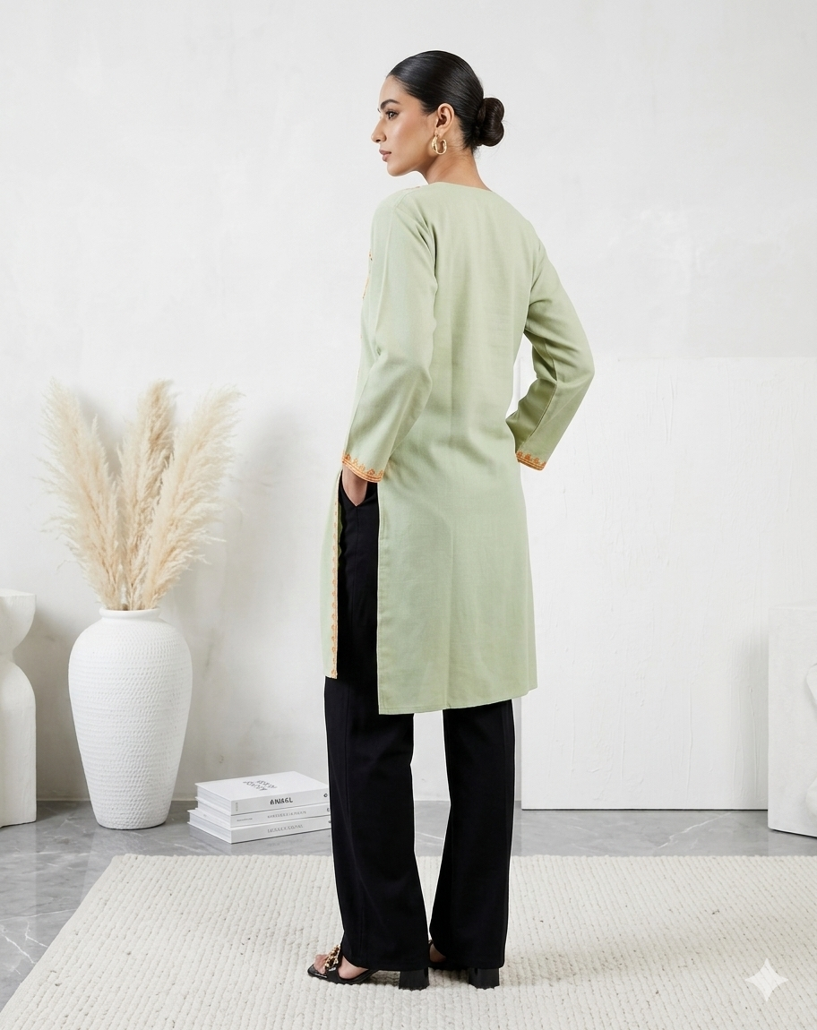 Kashmiri Ari embroidered pistachio green long Cotton kurti