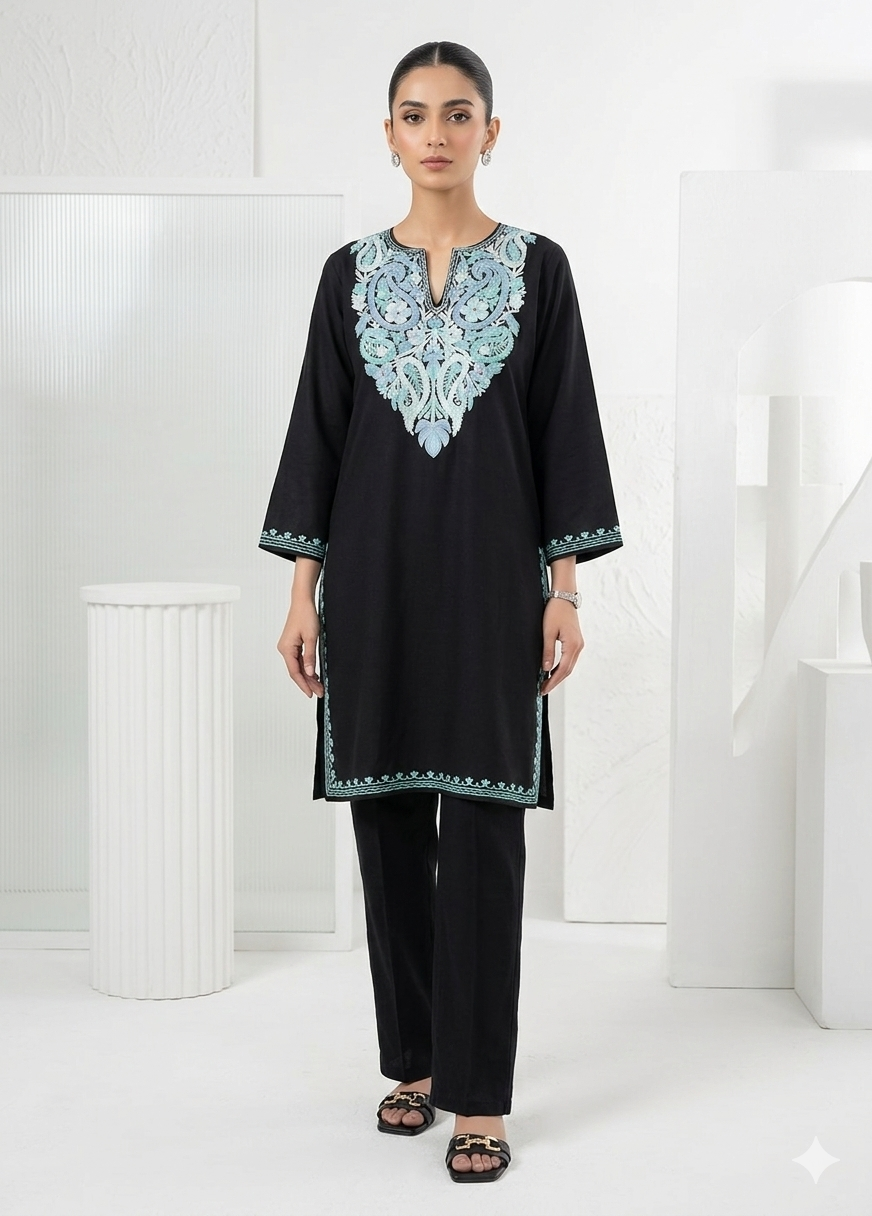 Kashmiri Sky Blue Ari embroidered Black long Cotton kurti