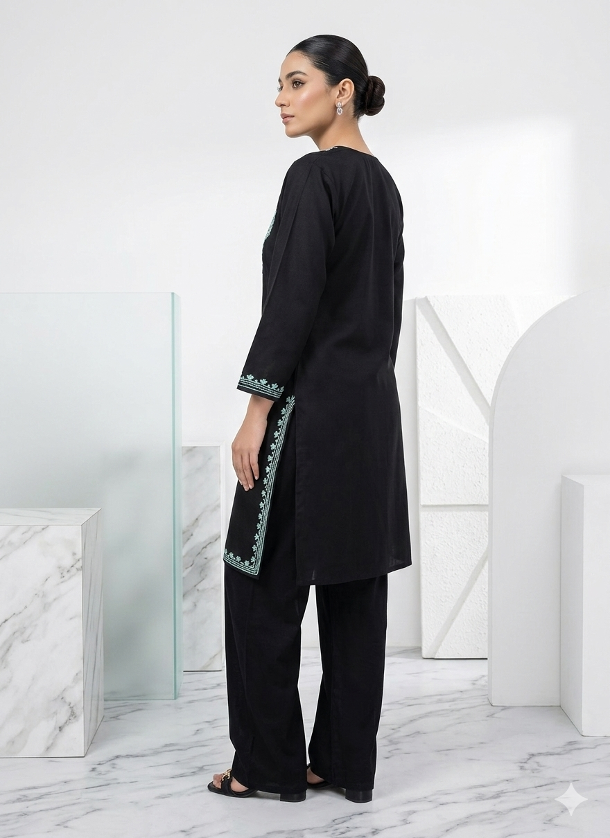 Kashmiri Sky Blue Ari embroidered Black long Cotton kurti