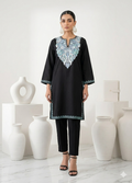 Kashmiri Sky Blue Ari embroidered Black long Cotton kurti