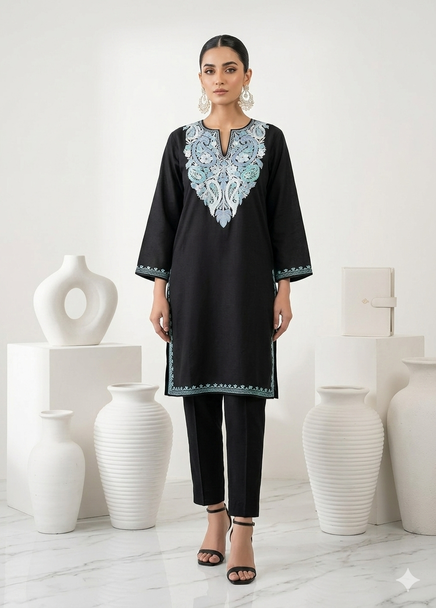 Kashmiri Sky Blue Ari embroidered Black long Cotton kurti