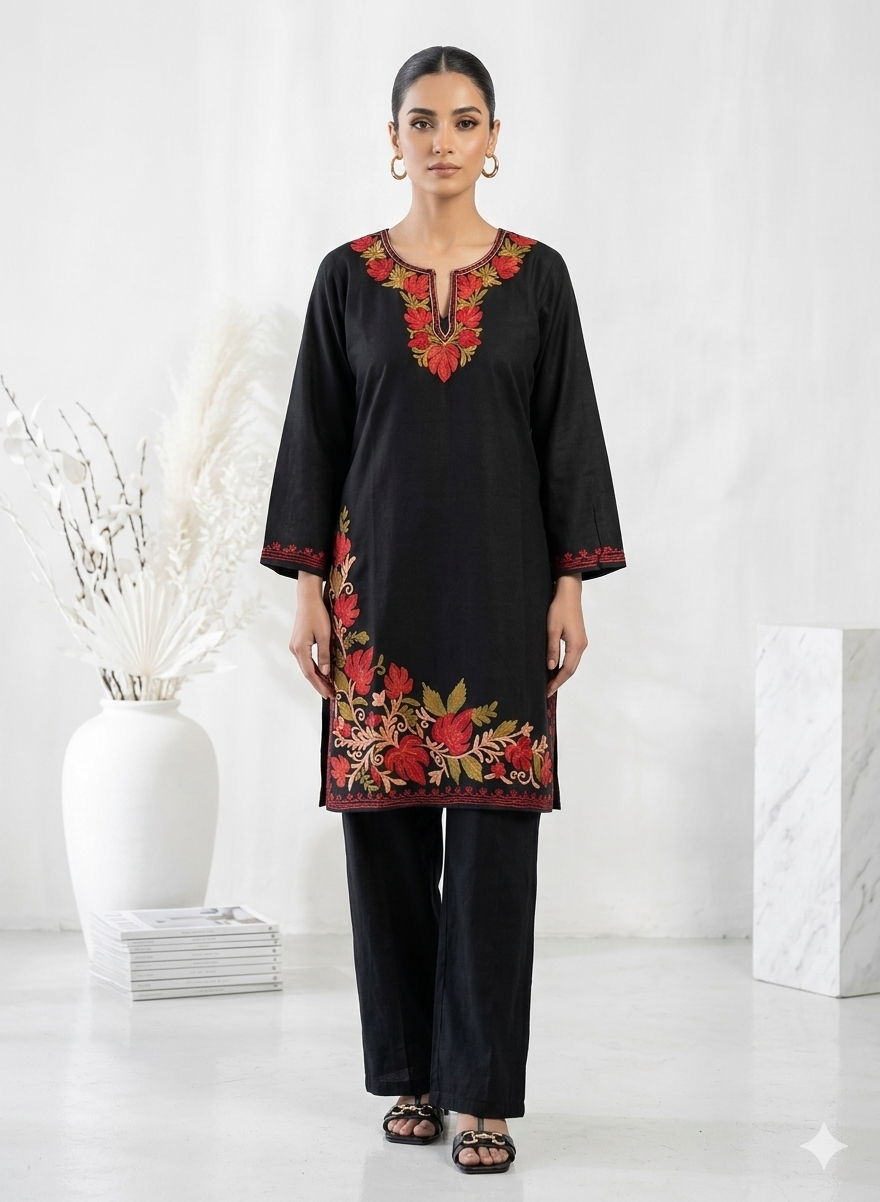 Kashmiri Red Ari embroidered Black long Cotton kurti